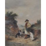 Thomas Smythe (1825-1906) - Man with terriers in a landscape, watercolour, signed lower left, 42.5 x