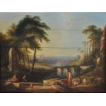 18th century continental school - Figures in a coastal landscape amidst classical ruins, oil on