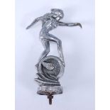 A circa 1930s 'Lady on Winged Wheel' chromed car mascot for Crossley cars, stamped AEL to base (AE