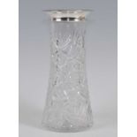 A mid-20th century silver topped cut glass vase, the silver rim of plain flaring form, markers