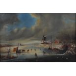 Late 19th century Dutch school - Ice-skaters in a Dutch river landscape, oil on canvas, 34.5 x 53cm