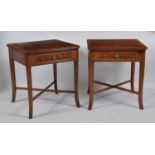 A pair of walnut and burr walnut lamp tables, each having reeded crossbanded tops with canted