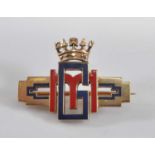 A Cartier yellow metal Royal monogram bar brooch, comprising the initials GM in blue and red