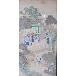 Early 20th century Chinese school - Women having a meal on a riverfront garden terrace, ink and
