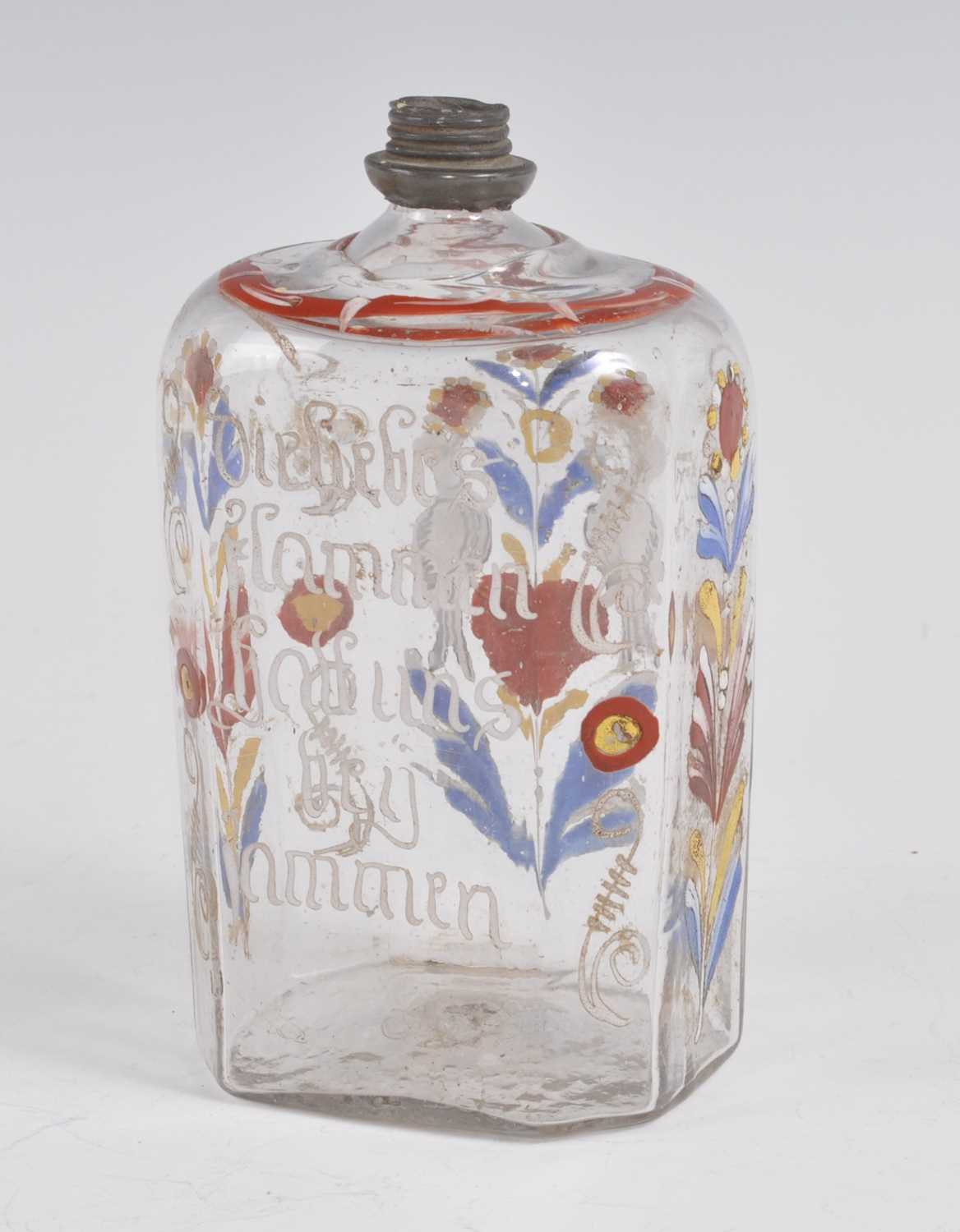 A circa 1770 Bohemian glass brandy bottle, enamel decorated with birds amongst flora and