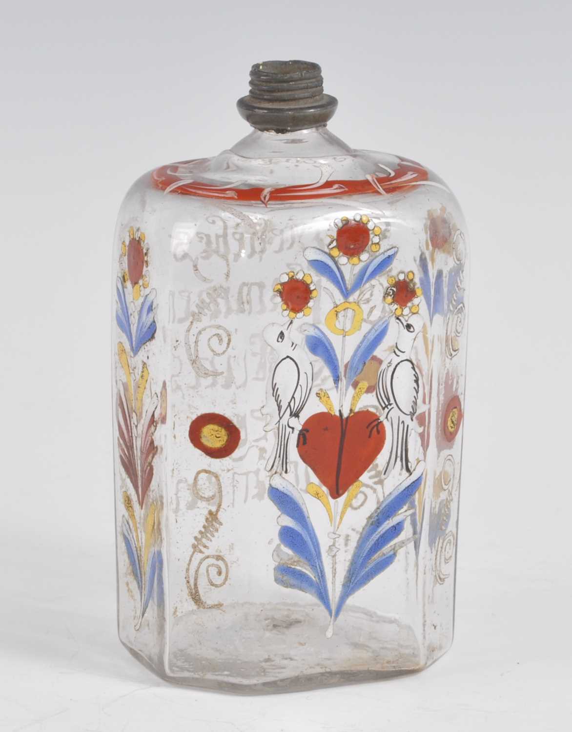 A circa 1770 Bohemian glass brandy bottle, enamel decorated with birds amongst flora and - Bild 4 aus 4