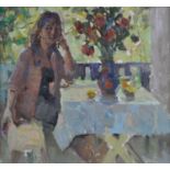 Contemporary Russian/Ukrainian school - Girl at a summer table, oil on canvas, inscribed in Cyrillic