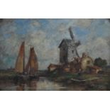 Jacob Henricus Maris (Dutch 1837-1899) - River landscape with barges and windmill, oil on panel,