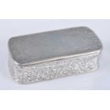 A Victorian silver snuff box, of rectangular form with hinged lid, engraved with scrolling