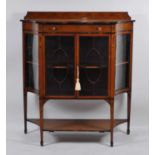 A Sheraton Revival satinwood and inlaid china display cabinet, the raised back and frieze penwork