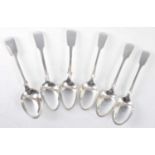 A harlequin set of six 19th century silver teaspoons, in the fiddle pattern with engraved terminals,