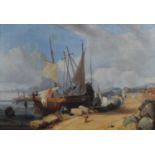 19th century Dutch school - Harbour scene with figures resting, oil on canvas (re-lined), 52 x 76.