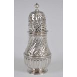A Queen Anne Britannia standard silver sugar caster, of lower bellied baluster form, the lower