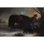 Edward Robert Smythe (1810-1899) - Traveller with horse and dog in a winter landscape, oil on