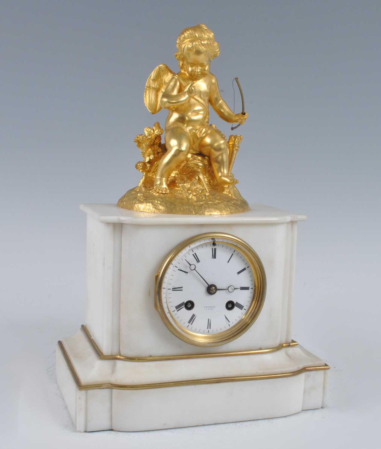 George Wadham of Paris - a circa 1860 marble and gilt bronze mantel clock, the whole surmounted with