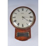 A circa 1820 mahogany and brass inlaid droptrunk wall clock, the 12" convex white enamel dial signed