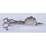 A pair of George III silver wick scissors, having shaped engraved snuffer box and beaded decoration,