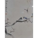 Attributed to Chen Wen Hsi (Singapore 1906-1991) - Sparrows upon a branch, ink and colour on