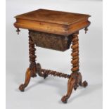 A Victorian figured walnut needlework table, having fitted interior over a silk damask lined well,