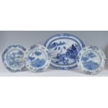 An 18th century Chinese export blue and white porcelain meat dish, decorated with a willow tree