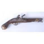 A reproduction flintlock pistol, having a 21cm barrel with stirrup ram-rod below, the lock stamped