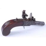 An early 19th century flintlock box-lock pocket pistol, having a 3.5cm turn-off steel barrel, the