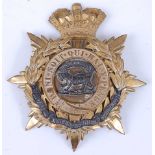 A Leicestershire Regiment Officers Home Service helmet plate, the central tiger with Hindostan