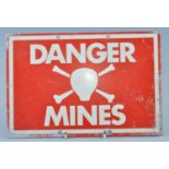 A Falklands Danger Mines sign, of tin construction on a red ground with white skull and cross