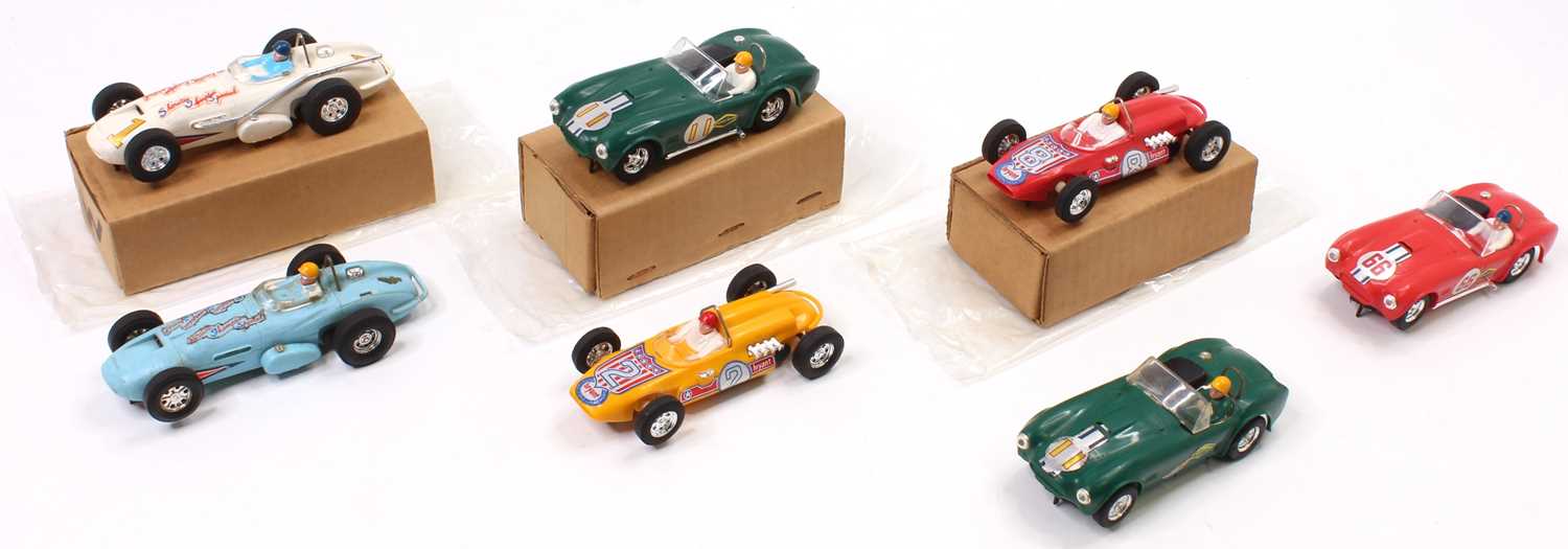 A collection of 7 Scalextric Hong Kong made slot cars to include AC Cobra, F/E Offenhauser and