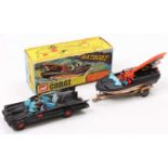 2 Corgi Toys Batman models comprising No. 267 Batmobile with a gloss black body, red bat hubs,