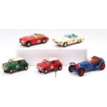 5 vintage Scalextric slot cars comprising No. MM/C65 Alfa-Romeo 21HP in blue with driver figure in