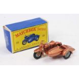 Matchbox Lesney No. 66 Harley Davidson Motorcycle and Sidecar in metallic copper with wire wheels,