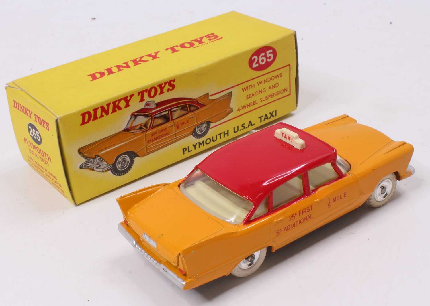 Dinky Toys, 265 Plymouth USA taxi, yellow with red roof and transfers, fair details on the door, - Bild 2 aus 2