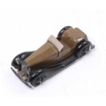 Dinky Toys No. 36E British Salmson 2 Seater Sports Car in brown with tin windscreen and black ridged