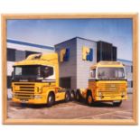 An original framed and glazed photograph of two Russell Davies livery Scania trucks, being the first