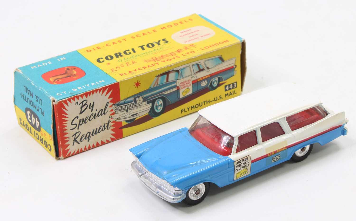 Corgi Toys No. 443 Plymouth US Mail car, white with mid-blue bonnet and red side flash, red interior