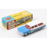 Corgi Toys No. 443 Plymouth US Mail car, white with mid-blue bonnet and red side flash, red interior