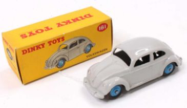 Dinky Toys No.181 VW saloon comprising of grey body with blue hubs, in the original picture box with