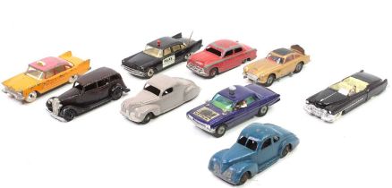 9 various loose Dinky and Corgi Toys playworn and repainted diecasy vehicles, to include Corgi James