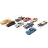 9 various loose Dinky and Corgi Toys playworn and repainted diecasy vehicles, to include Corgi James