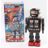 Horikawa Toys Japan tinplate battery operated "Rotate-o-matic" super astronaut with stop and go