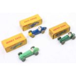 Dinky Toys group of 3 boxed racing cars to include, No. 23H Ferrari in blue with yellow ridged hubs,