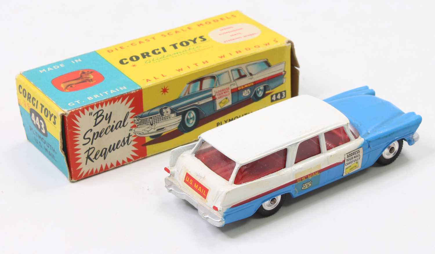 Corgi Toys No. 443 Plymouth US Mail car, white with mid-blue bonnet and red side flash, red interior - Image 2 of 2