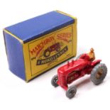 Matchbox Lesney No. 4a Massey Harris Tractor in red with gold trim, a first issue model with