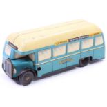 Chad Valley tinplate and clockwork National De Luxe Express Coach, cream and blue example with