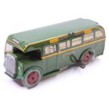 Wells Brimtoy tinplate clockwork Greenline Bus - dark green with yellow trim, tinprinted window