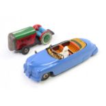 Marx tinplate and plastic Open Top Saloon, comprising blue body with driver figure, together a