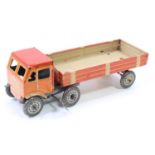 Mettoy (UK) tinplate clockwork articulated lorry, orange, cream and red with balloon wheels, 24cm