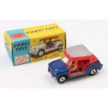 Corgi Toys No. 240 Fiat 600 Jolly, metallic dark blue body with red interior, two figures and spun