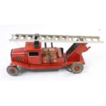 Mettoy tinplate clockwork Fire Engine - circa 1940's, finished in red, with 3 x seated firemen